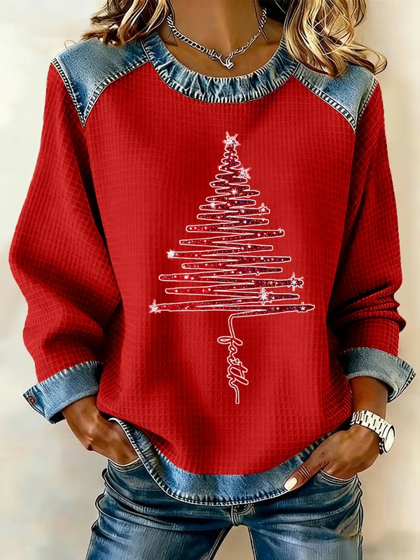 Women's Christmas Waffle Crew Neck Casual Sweatshirt