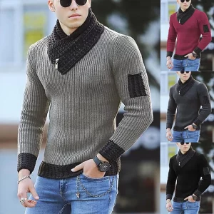 Men’s Color Block Turtleneck Knit Sweater – Warm Pullover with Ethnic-Inspired Design