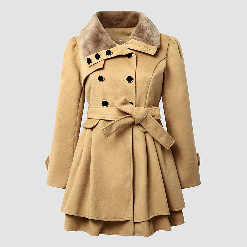 Women’s Double-Breasted Pea Coat – Elegant Long Winter Coat with Belt