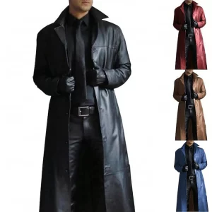 Men’s Faux Leather Trench Coat – Long Single-Breasted Jacket with Lapel & Pockets for Fall & Winter