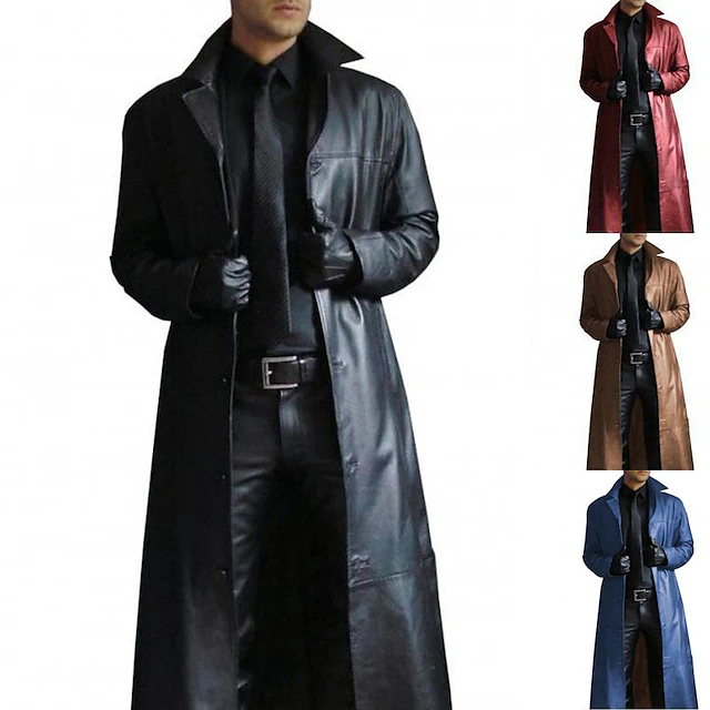 Men’s Faux Leather Trench Coat – Long Single-Breasted Jacket with Lapel & Pockets for Fall & Winter