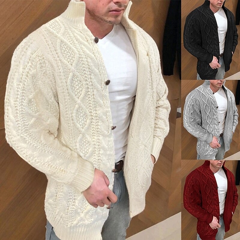 Men’s Cable Knit Cardigan Sweater – Solid Color Stand Collar Layering Piece for Fall & Winter