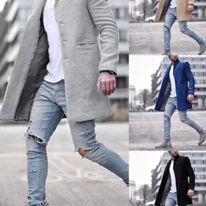 Men’s Classic Winter Overcoat – Warm Polyester Trench Coat with Notch Lapel