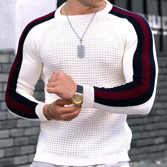 Men’s Waffle Knit Sweater – Striped Crewneck Pullover with Raglan Sleeves