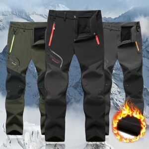 Men’s Waterproof Winter Pants – Windproof Fleece-Lined Softshell Pants with Elastic Waist & 4 Zipper Pockets