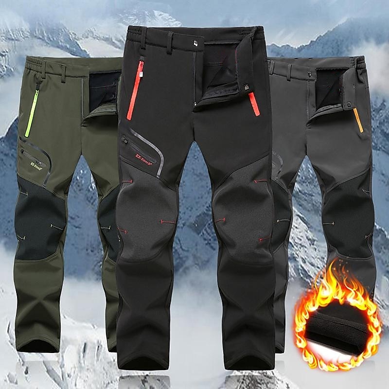 Men’s Waterproof Winter Pants – Windproof Fleece-Lined Softshell Pants with Elastic Waist & 4 Zipper Pockets