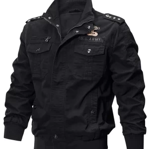 Men’s Windproof Bomber Jacket – Warm Utility Winter Jacket with Stand Collar & Zipper Closure