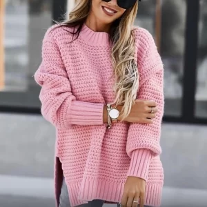 Women's Sweater Fashion Casual Pure Color Ribbed Crew Neck Mock Neck Knitted Long Sleeve Regular Tops Knit Outdoor Daily Weekend Black Pink Fall Winter