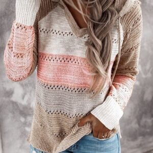 Women’s Soft Color Block Hooded Knit Sweater – Casual Crochet Pullover with Long Sleeves