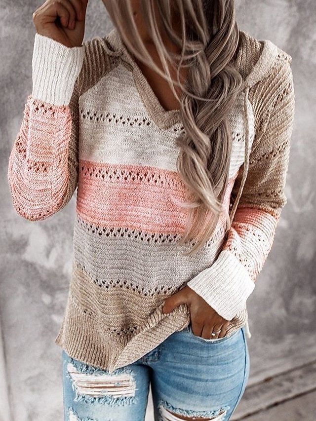 Women’s Soft Color Block Hooded Knit Sweater – Casual Crochet Pullover with Long Sleeves
