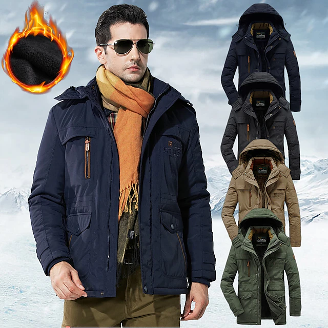Men’s Thick Fleece Hooded Parka – Winter Windproof Outdoor Jacket with Detachable Hood