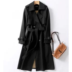 Women’s Double-Breasted Trench Coat – Long Belted Lapel Jacket with Pockets for Fall & Winter