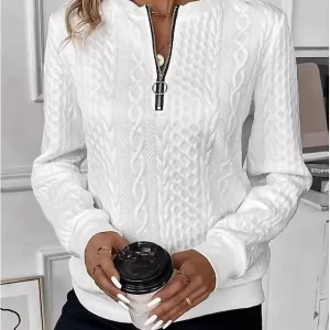 Women’s Elegant Crew Neck Sweatshirt – Loose Fit Zip Detail Long Sleeve Top for Work & Casual Wear