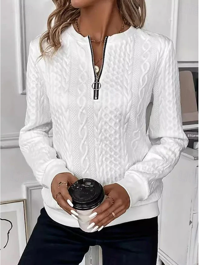 Women’s Elegant Crew Neck Sweatshirt – Loose Fit Zip Detail Long Sleeve Top for Work & Casual Wear