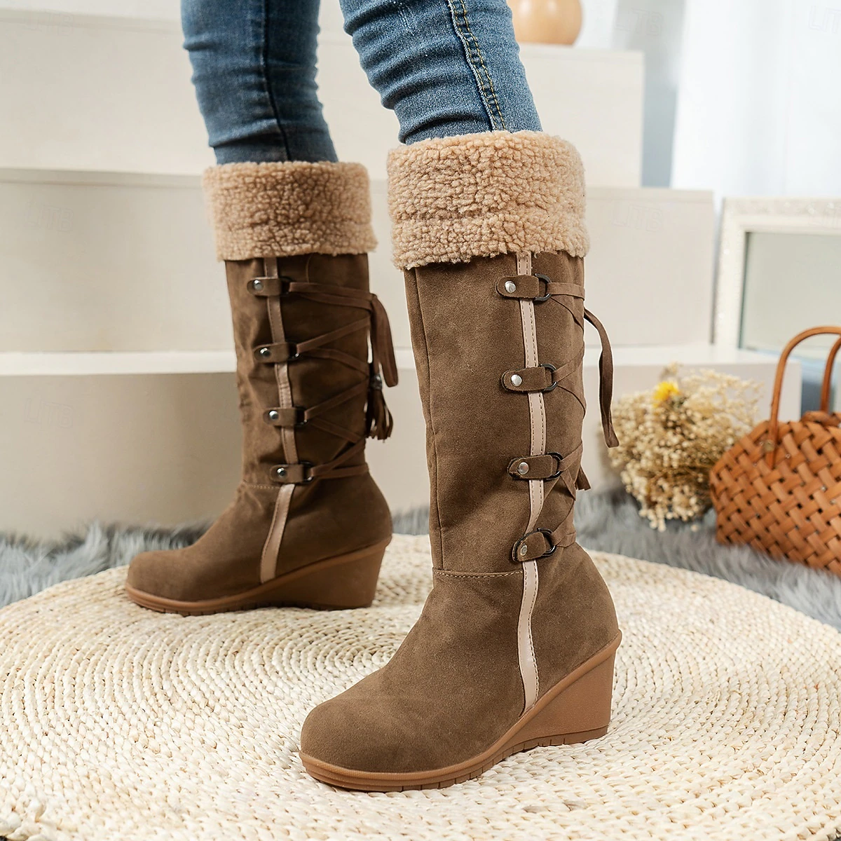 Women’s Knee-High Wedge Boots – Faux Shearling Lined with Tassel & Buckle Details for Cozy Winter Style