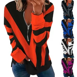 Women’s Quarter-Zip Knit Sweater – Color Block V-Neck Pullover with Long Sleeves