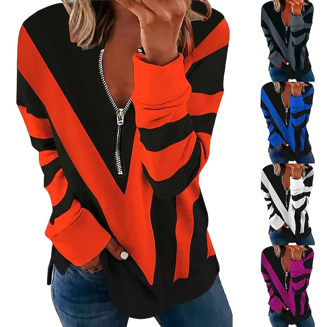 Women’s Quarter-Zip Knit Sweater – Color Block V-Neck Pullover with Long Sleeves